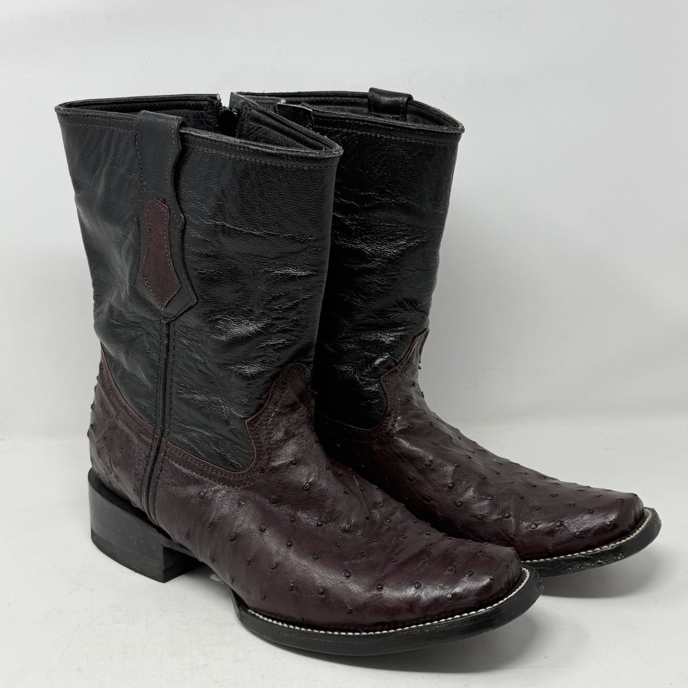 El Malcreado Men's Full Quill Ostrich Cowboy Boots Size 8 Black Burgundy Zip